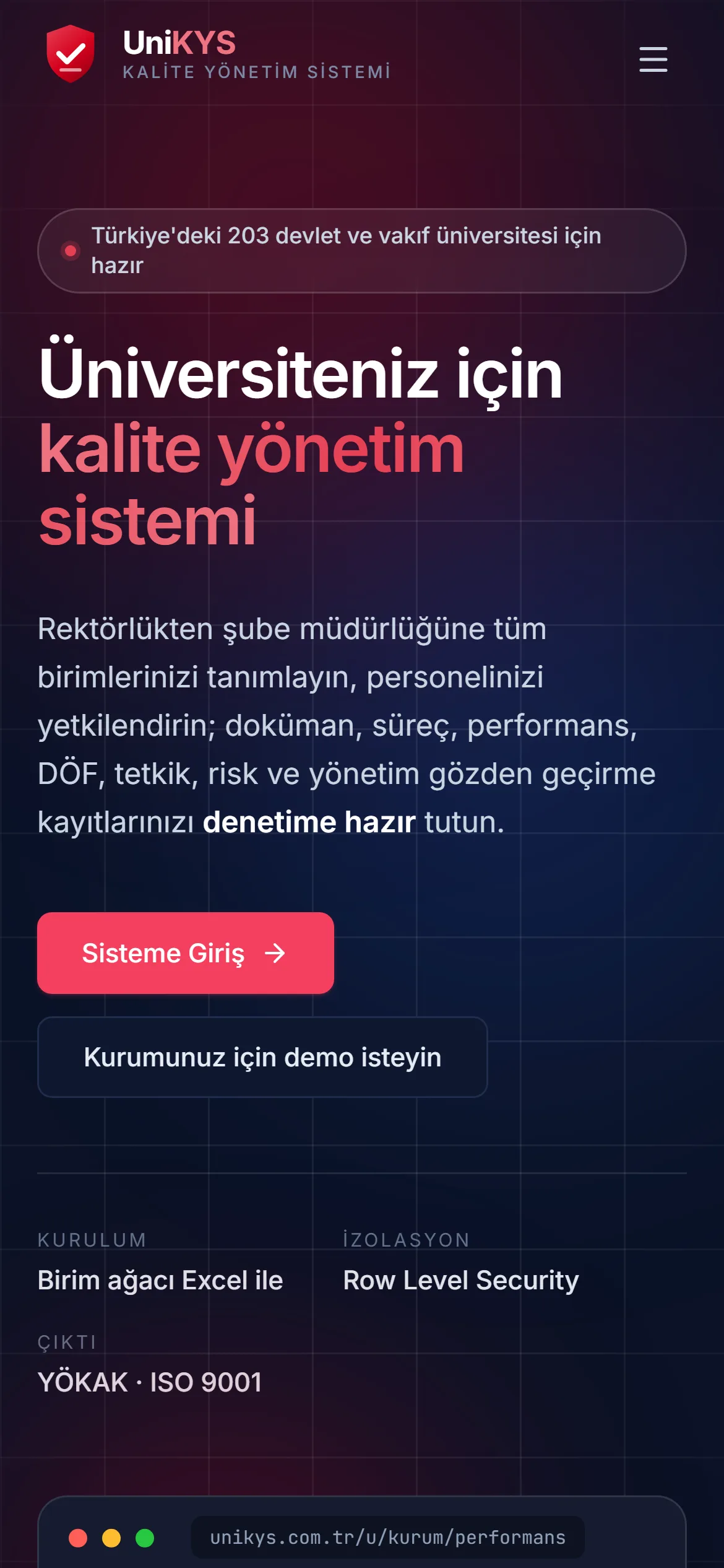 UniKYS — Üniversite Kalite Yönetim Sistemi — mobil görünüm