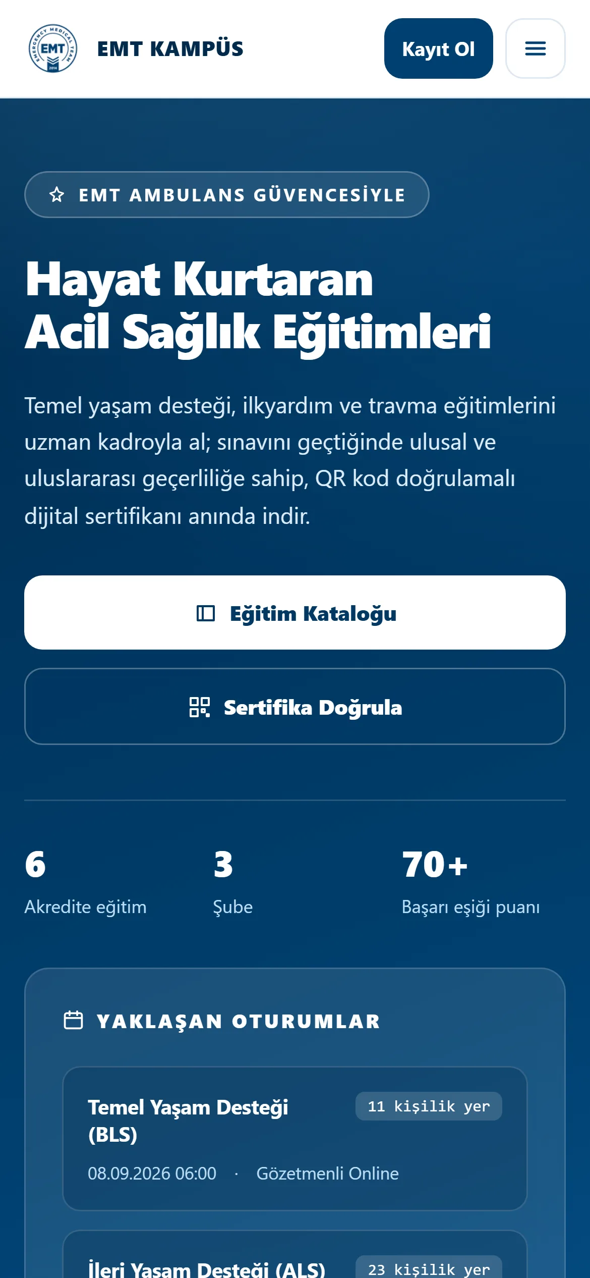 EMT Kampüs — Training and Certification Platform — mobile view