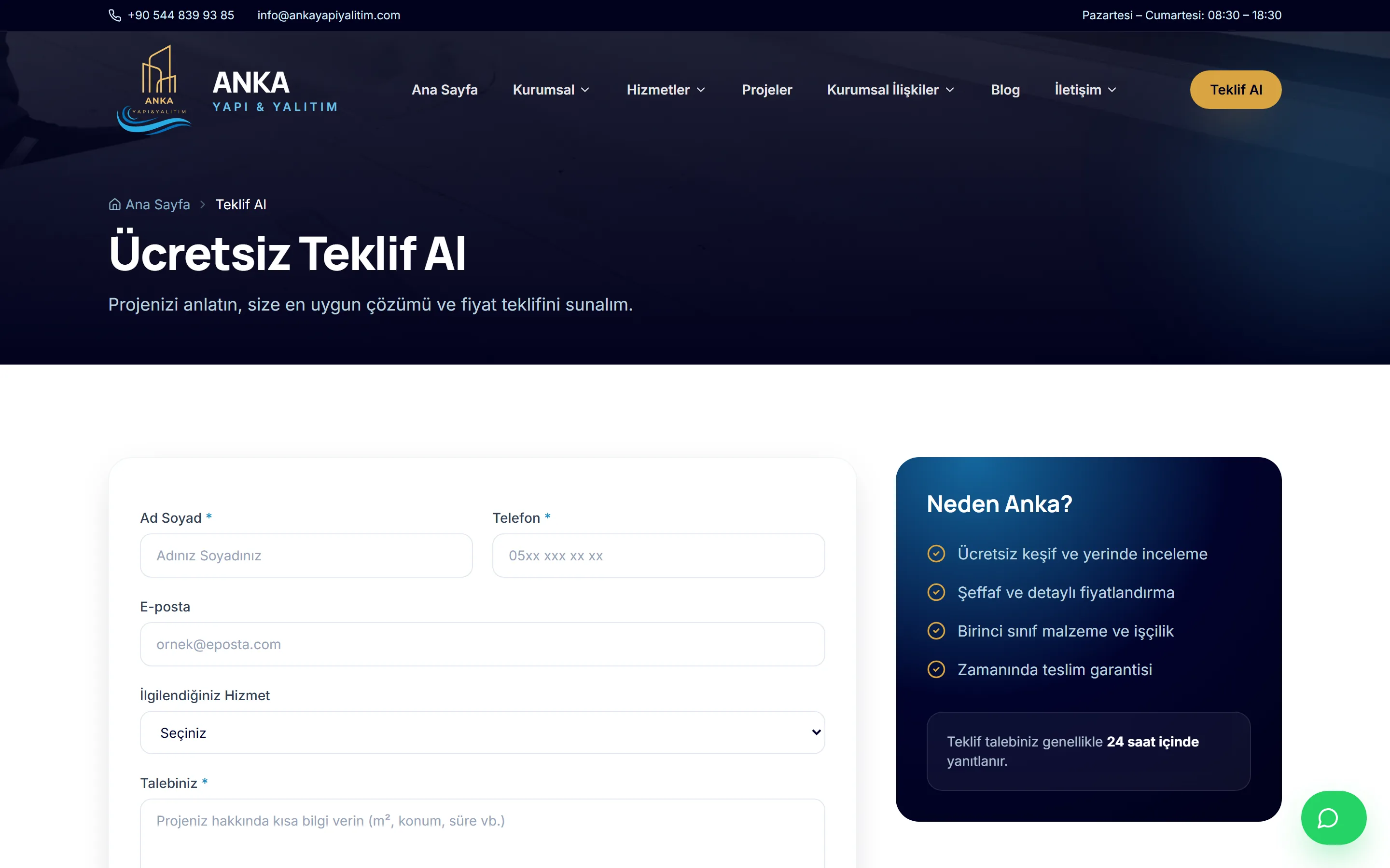 Anka Yapı & Yalıtım — teklif al page